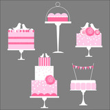 Wedding cakes. Dessert table. Pink colors. Vector illustration.