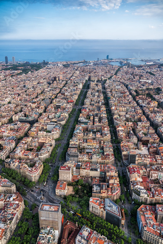 Barcelona aerial view with main street and city skyline, Spain