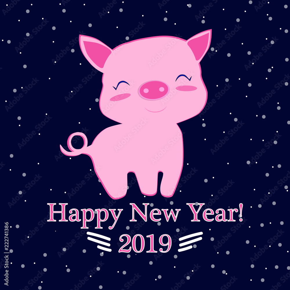 Happy New Year 2019 funny card design with cartoon pigs face
