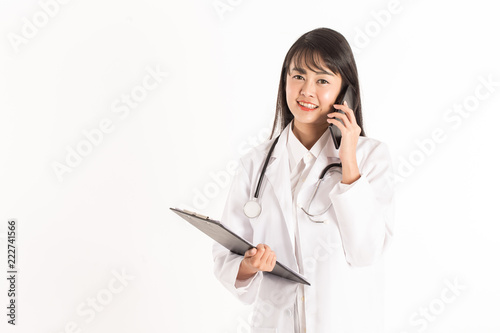 Asian Doctor woman smile and talking in smartphone for diagnosis with specialist,Isolated on white background,Healthcare Concept