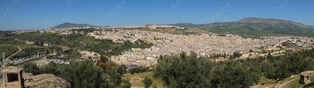 Medina of Fez, Morocco. March 16, 2014. Panoramic view of the Old Fez city or Fez el Bali.