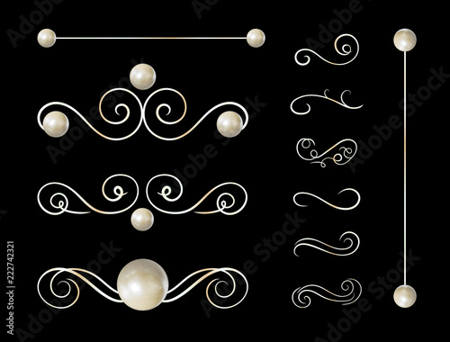 Vector Vintage Design Elements Collection, Isoalted on Black Background Pearl Color Calligraphic Swirls.