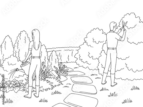 Gardeners working in the garden graphic black white landscape sketch illustration vector