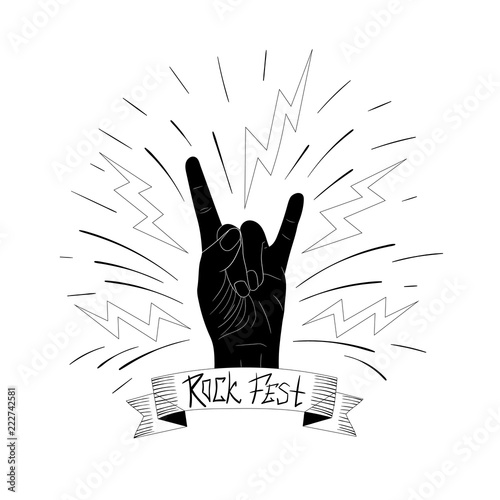 Vector Rock Fest Illustration, Logo Template, Vintage Banner and Hand, Retro Style.