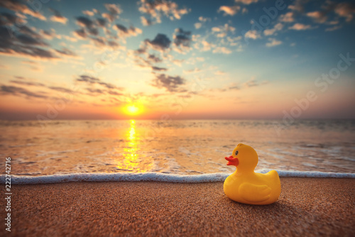 Foto Yellow rubber duck toy on the beach during beautiful sea sunrise