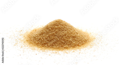 Brown sugar, pile isolated on white background, sugarcane