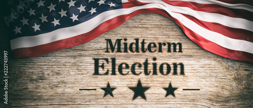 USA flag and midterm elections, wooden background, 3d illustration photo