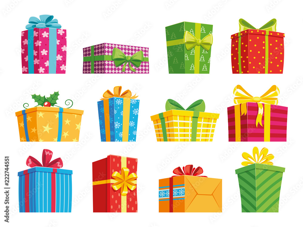 Cartoon gift box. Christmas presents, gifting boxes and present winter  holidays gifts. Secret boxing with surprises vector set Stock Vector |  Adobe Stock