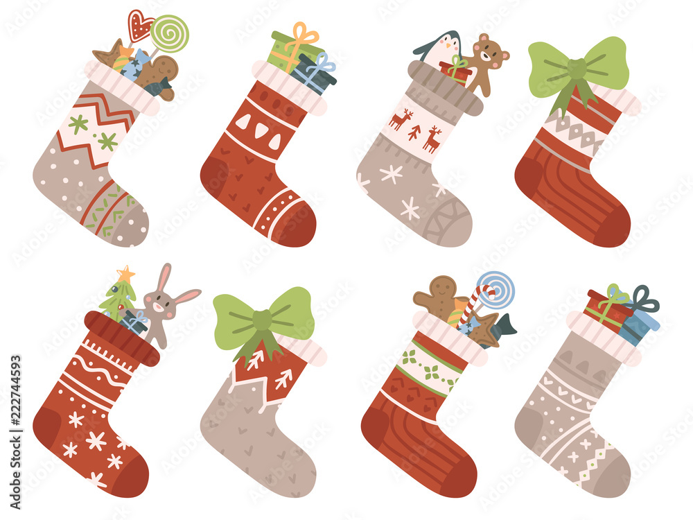 Christmas socks. Xmas stocking or sock with snowflakes, snowman and Santa. Deer and Santas helpers elves on stockings vector set
