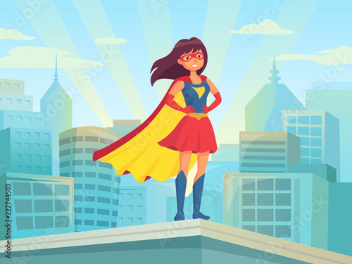 Super woman watching city. Wonder hero girl in suit with cloak at town roof. Comic female superhero on cityscape vector illustration