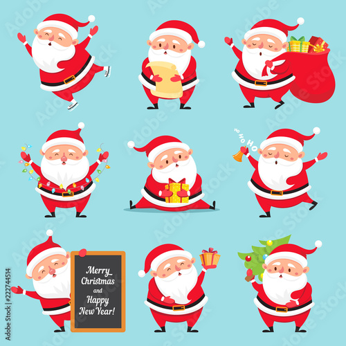 Cartoon Santa Claus. Christmas holiday greeting card character. Funny winter holidays characters flat vector set