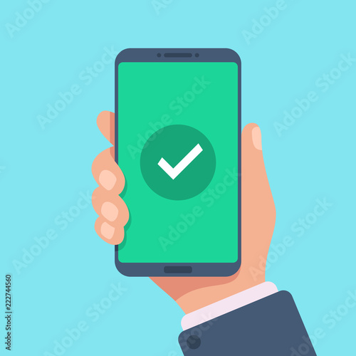 Checkmark on smartphone screen. Green confirmation notification on mobile phone. Check mark sign vector illustration