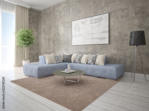 Mock up a perfect living room with a large corner sofa and a trendy hipster background.
