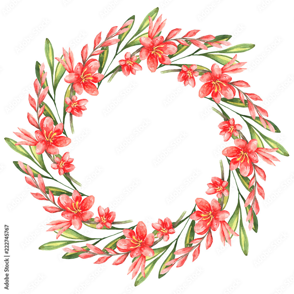 Wreath of tender twigs with flowers of montbretia and green leaves Wreath of tender twigs with flowers of montbretia and green leaves