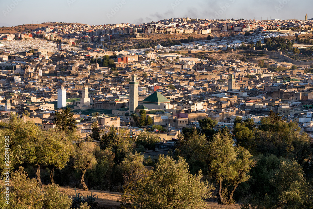 Aerial view of old Fez medina and Al Karaouine mosque(al-Qarawiyyin or Al Quaraouiyine) in Morocco