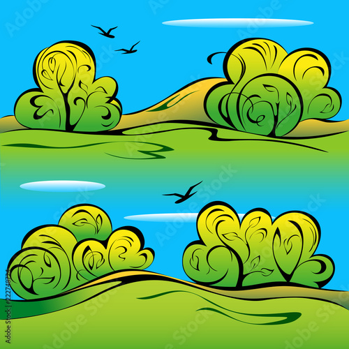 four stylized trees against a blue sky in autumn