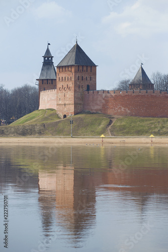 Towers of the Kremlin of Veliky Novgorod on a sunny April morning. Russia
