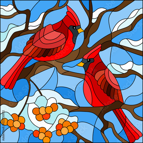 Illustration in stained glass style , pair of birds cardinals sitting on a branch of mountain ash on a background of sky and no snow