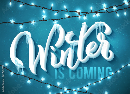 Valokuva Winter is coming poster with realistic icicles and christmas sparkling lights