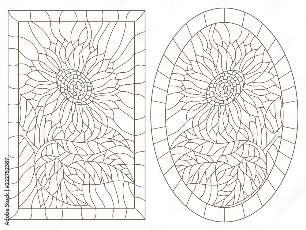 Fototapeta premium A set of contour illustrations of stained glass Windows with sunflowers in frames, dark contours on a white background, oval and rectangular image