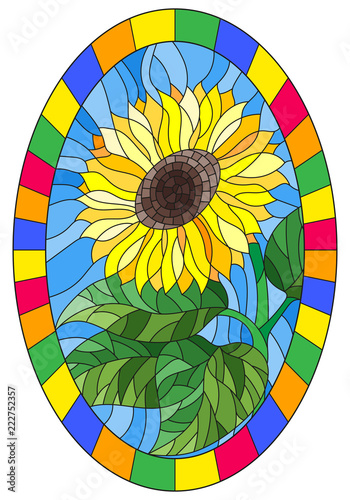 Illustration in stained glass style flower of sunflower on a blue background in a bright frame,oval  image