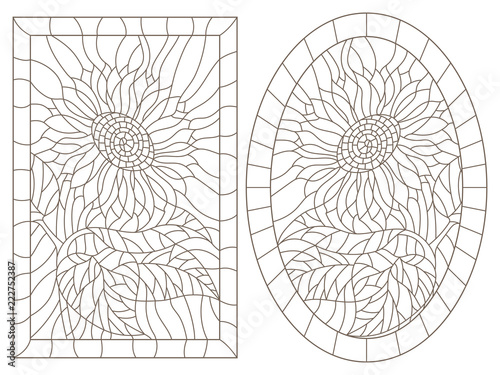 Fototapeta Naklejka Na Ścianę i Meble -  A set of contour illustrations of stained glass Windows with sunflowers in frames, dark contours on a white background, oval and rectangular image