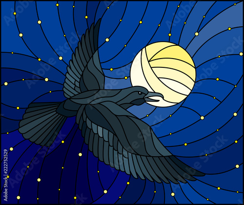 Illustration in stained glass style raven on the background of starry sky,  and moon