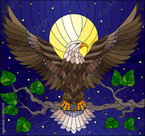 Illustration in stained glass style with fabulous eagle sitting on a tree branch against the starry sky and moon