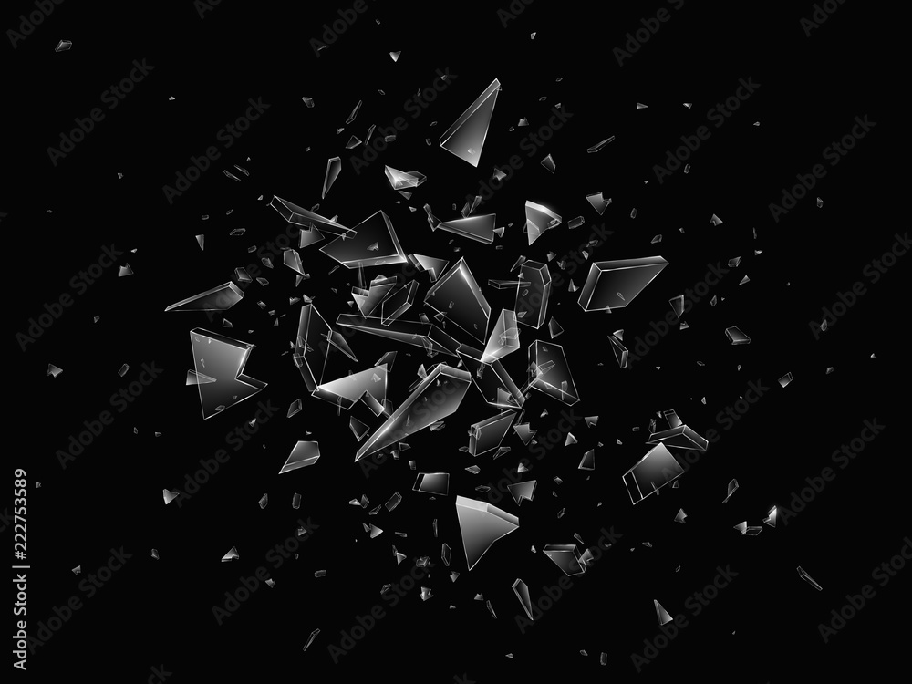 Shards of broken glass. Abstract explosion. Realistic vector background