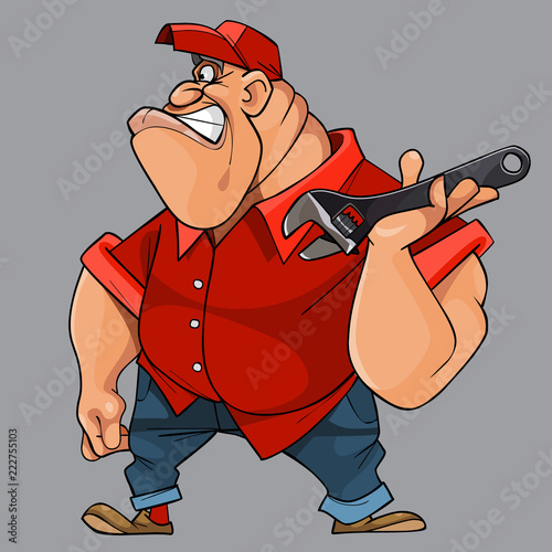 cartoon angry big man with a key tool in his hand