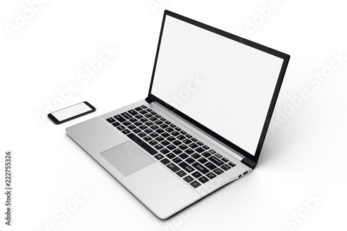 3D illustration desktop computer blank mock up. Glossy laptop computer mock up. Modern computer mock up. Perfectly detailed smartphone mock up near computer blank.