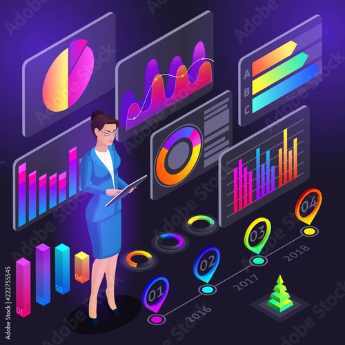 Isometry girl holding icon holography cryptocurrency Ethereum. Business lady on a background of colorful diagrams, graphics, mining cryptocurrency, a report set 2-01