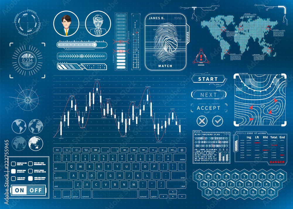 Complicated bright blue futuristic user interface concept