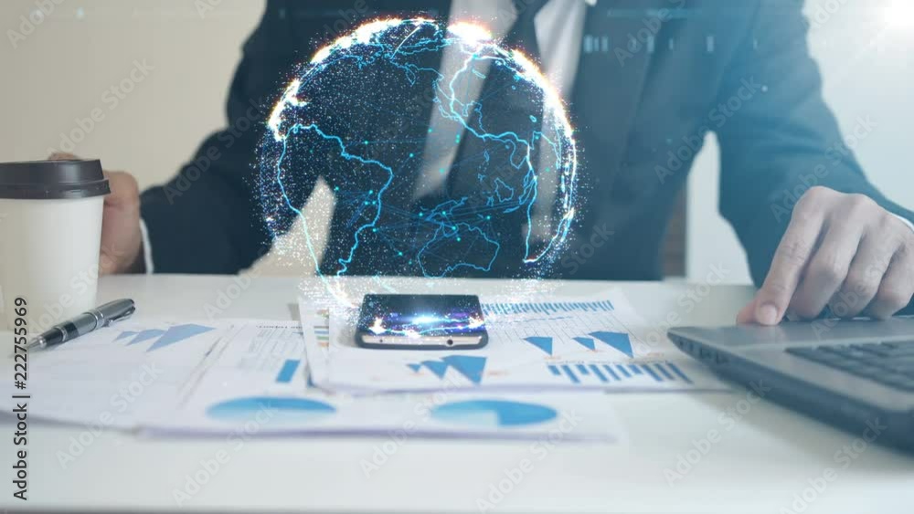 Businessman touching globe on smartphone. Business connection concept