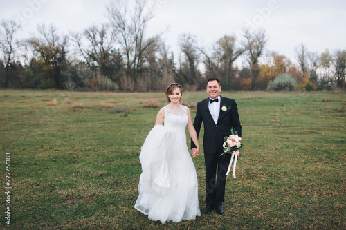 Beautiful and stylish newlyweds are walking, holding hands over a green field in the background of the forest. A wedding portrait of an adult groom in a black suit and a cute bride in a lavish dress.