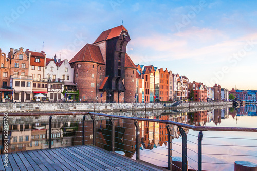 Gdansk old town and famous crane at amazing sunrise. Gdansk. Poland photo