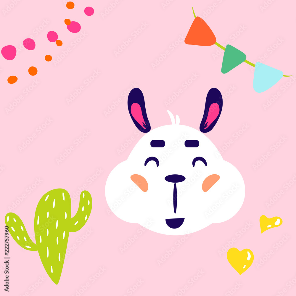 Lama white isolated cute childish vector illustration. Smiling alpaca face on pink desert background for apparel print and cards.