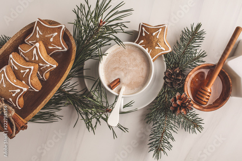 Christmas flat lay. Christmas table setting with ginger cookies and cocoa, top view. Christmas background concept.