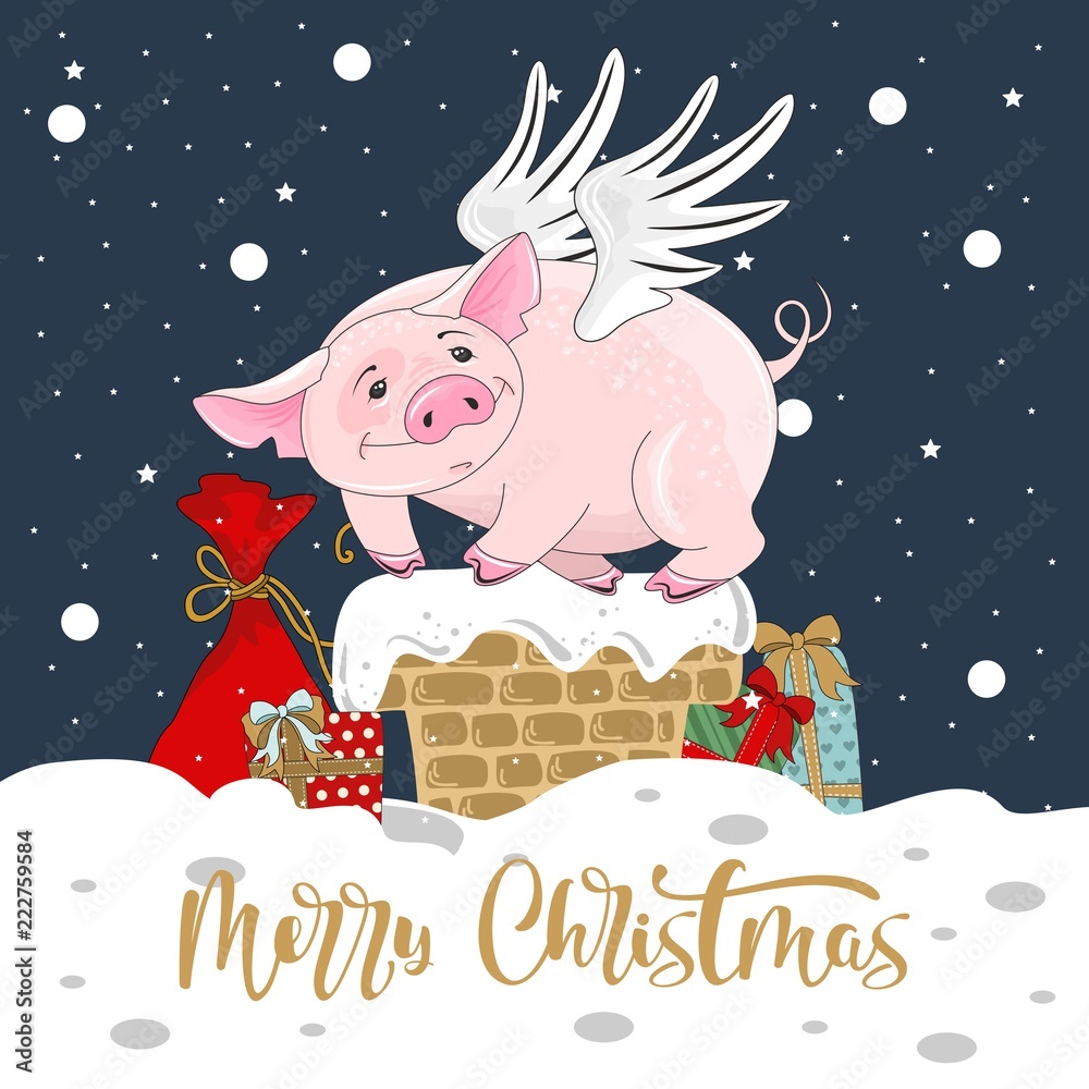 Fototapeta premium Cute pig on Christmas and new year background. Vector illustration.