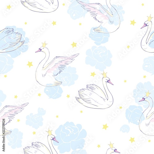 Seamless pattern with white swans. White swans on pink background. Vector illustration.