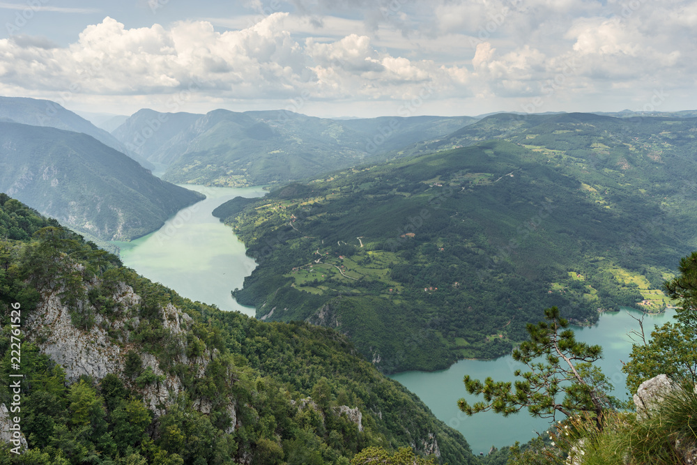 View from Banjska Stena on Drina river, mountains, dam and border with Bosnia and Herzegovina