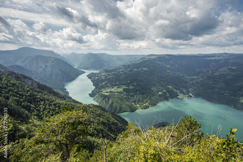 View from Banjska Stena on Drina river, Perucac lake, mountains, dam and border with Bosnia and Herzegovina