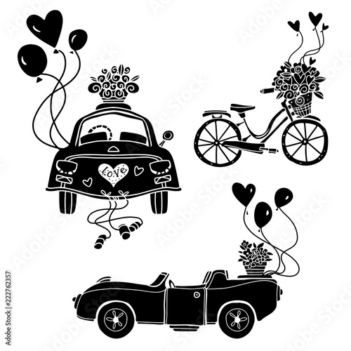 Cars, bicycle with balloons