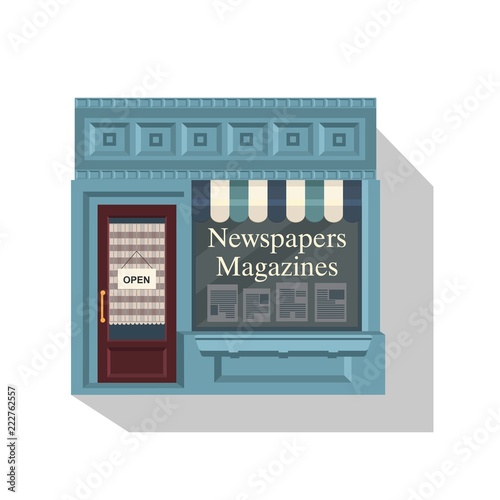 Illustration of cute little shop. Magazine and Newspaper Store. Book stall. Bookshop bookstore building facade. A row of books in the window. Vector illustration
