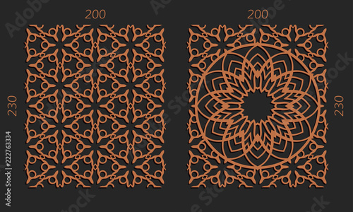 Laser cutting set. Woodcut vector trellis panels. Plywood lasercut floral design. Hexagonal seamless patterns for printing, engraving, paper cut. Stencil lattice ornaments.