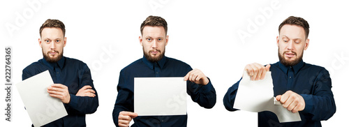 Set of portraits of young businessman isolated on a white background.