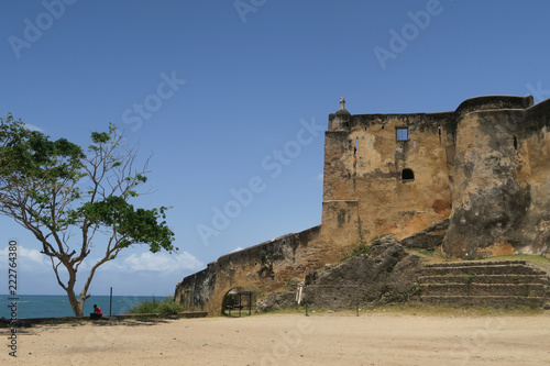 Mombasa fort in Kenya with tree and view to the sea
