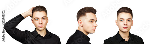 Set of portraits of young guy with pompadour haircut isolated on a white background.