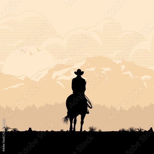 Silhouette of lonesome cowboy riding horse at sunset, Vector Illustration