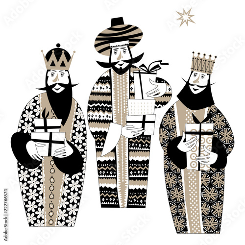 Three biblical Kings: Caspar, Melchior and Balthazar. Three wise men with gift boxes. Black and white.